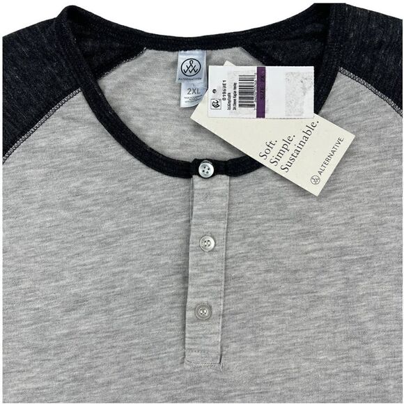 New  Alternative Men Grey Henley Pullover Crew Neck 3/4 Sleeve Sweatshirt US XXL - Picture 8 of 11